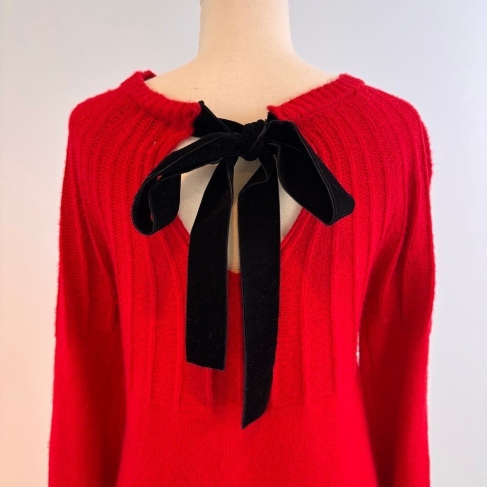 Blue Rain Sweater Dress Womens XXS Red Velvet Bow Back Ribbed Knit Ballet Core